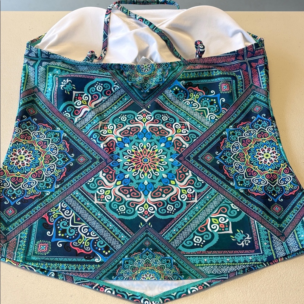VENUS Teal Navy & Multicolor Halter Swim Top Sz 14 - Picture 6 of 6